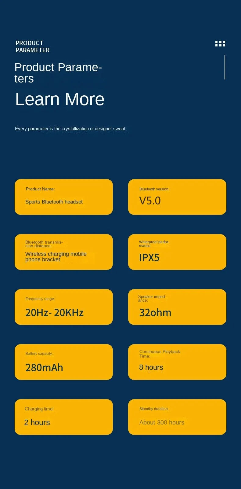 Product parameter display with yellow text boxes on a blue background