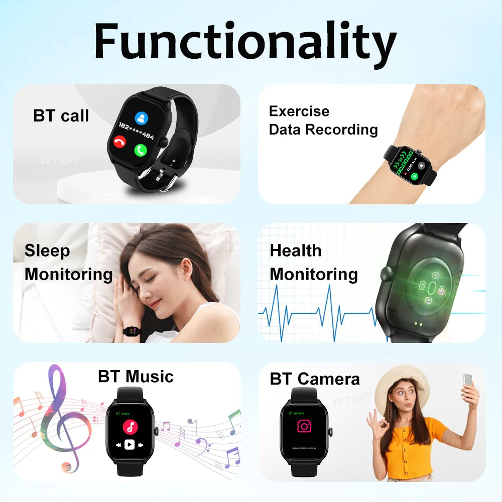 Smartwatch with various functionalities displayed on a white background