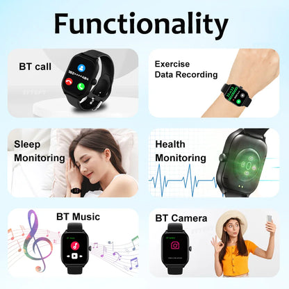Smartwatch with various functionalities displayed on a white background