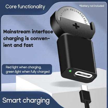 Black charging adapter with text on a blue background
