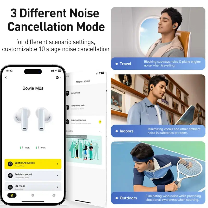 Smartphone displaying noise cancellation app with lifestyle images of a person using earbuds in different settings

