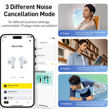 Smartphone displaying noise cancellation app with lifestyle images of a person using earbuds in different settings
