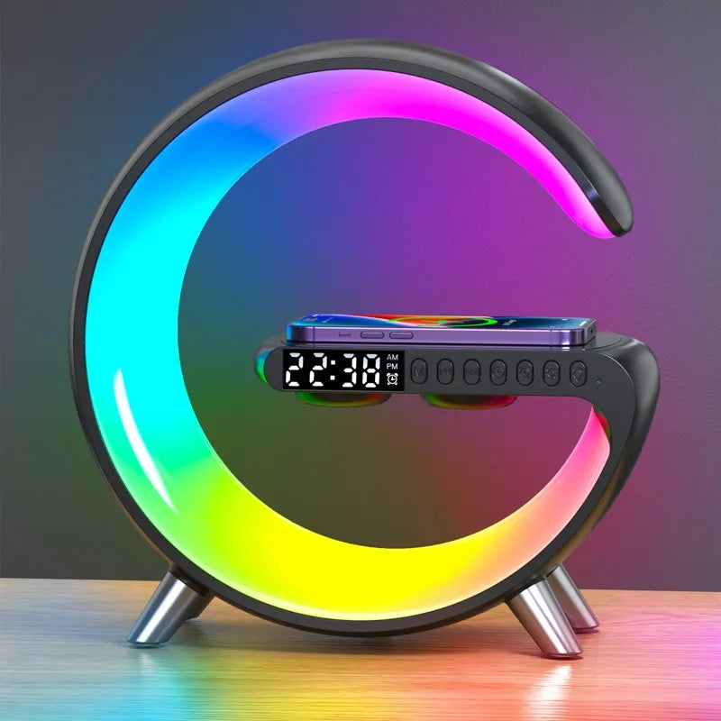 Multi Alarm Clock Wireless Charger Station | RGB Night Light Speaker