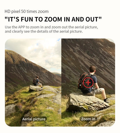 Comparison of aerial view and zoomed-in view of a person sitting on a mountain with text about app functionality.