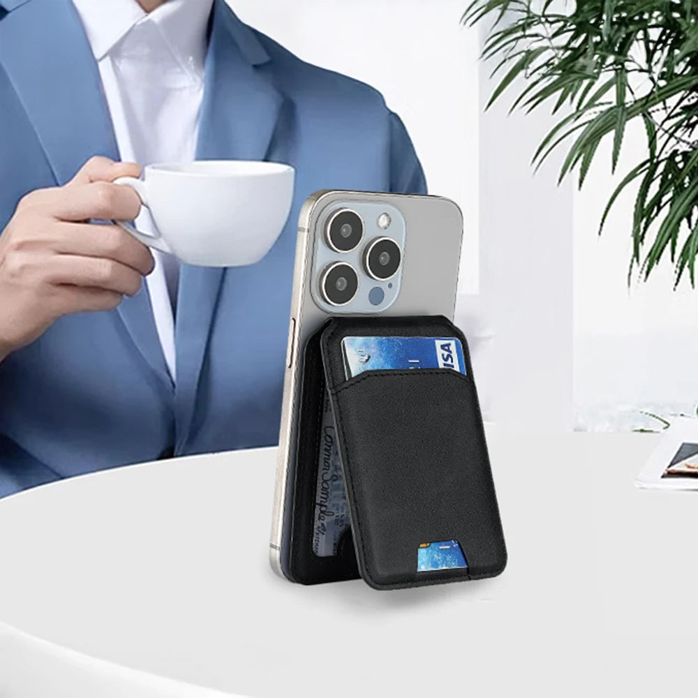 Phone case with card holder attached to a phone, held by a person in a suit.