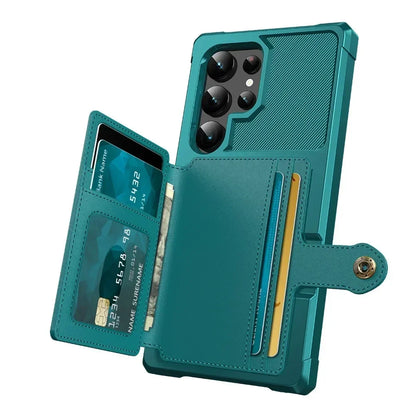 Teal phone case with card slots and wallet functions on a white background