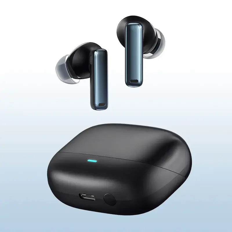 True wireless earbuds with charging case on a light blue background
