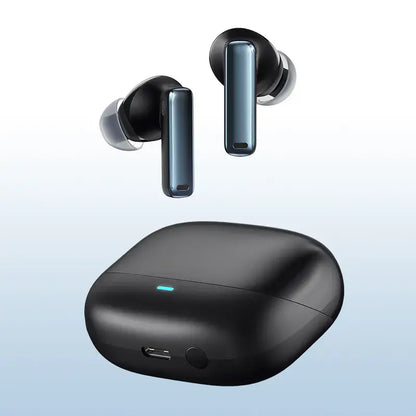 True wireless earbuds with charging case on a light blue background
