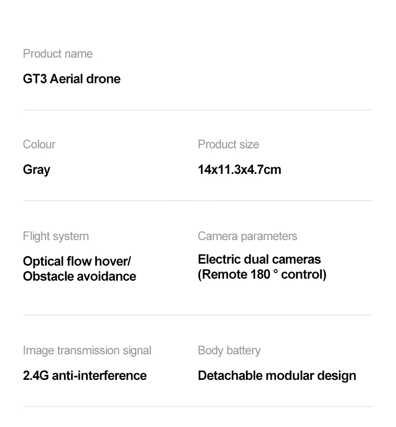 Product details of GT3 Aerial drone including color, size, flight system, camera parameters, image transmission signal, and body battery on a white background.
