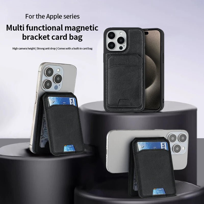 Black multi-functional magnetic bracket card bag for Apple devices on a gray background