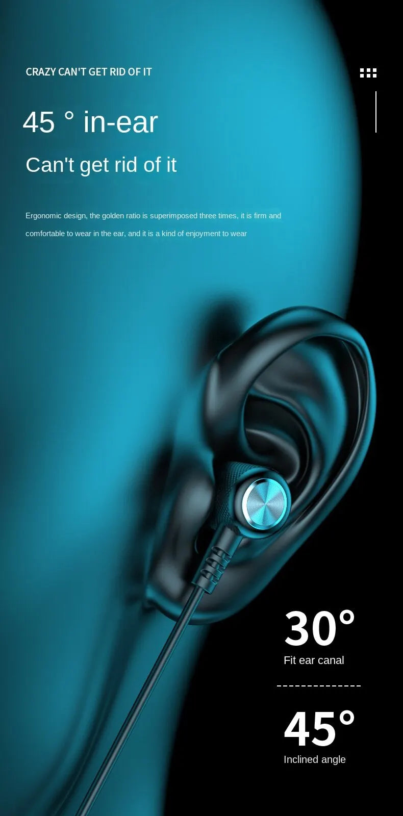 In-ear headphones with design features highlighted on a blue background