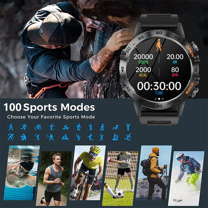 Smartwatch with digital display showing fitness metrics, surrounded by images of people engaging in various sports activities.