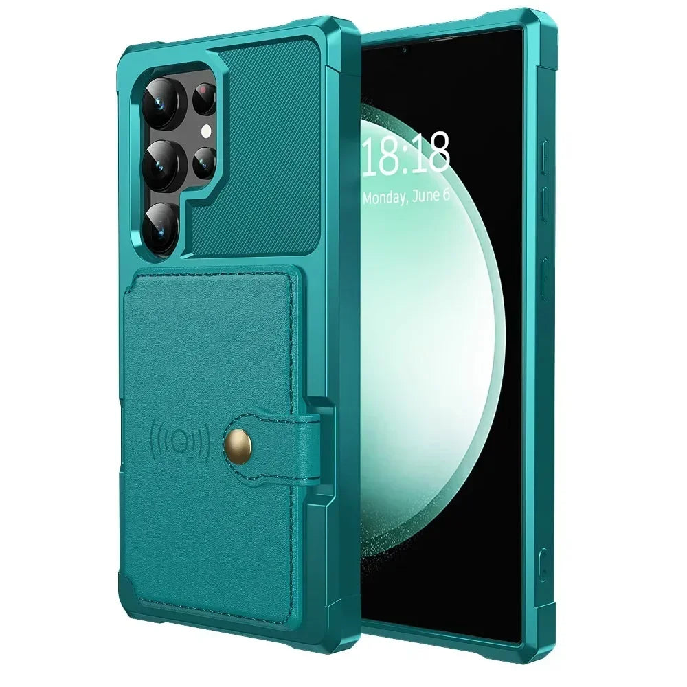 Teal phone case with card holder on a white background