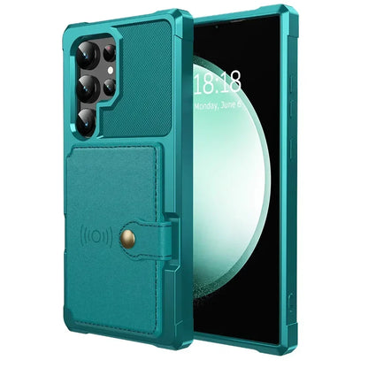 Teal phone case with card holder on a white background