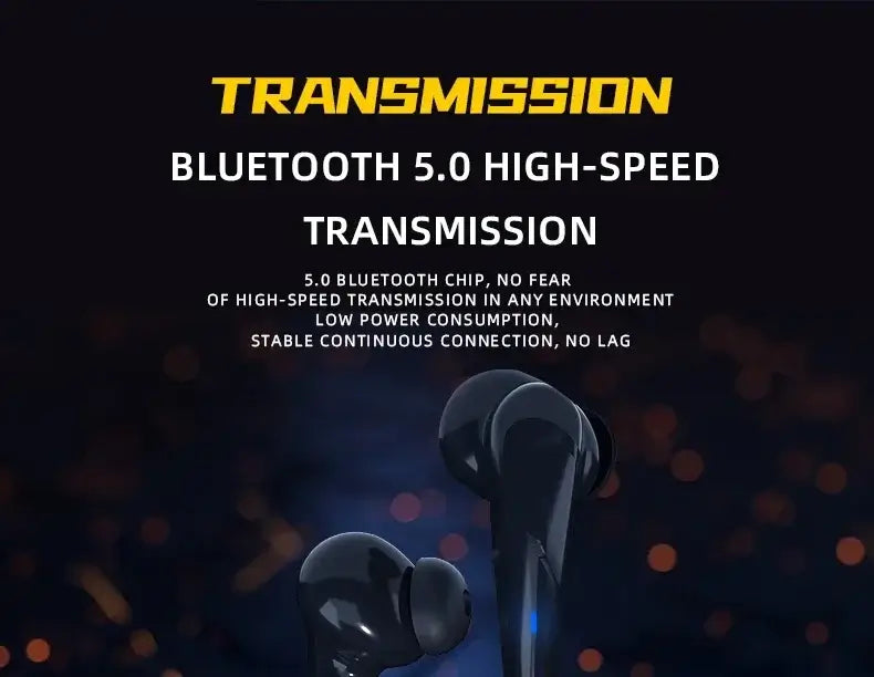 Bluetooth earbuds displayed on a dark background with text highlighting Bluetooth 5.0 high-speed transmission
