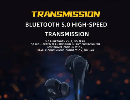 Bluetooth earbuds displayed on a dark background with text highlighting Bluetooth 5.0 high-speed transmission
