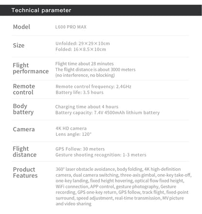 Technical specifications of a drone model L600 PRO MAX on a white background