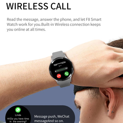 Smartwatch on wrist with phone interface display, text about wireless call functionality.