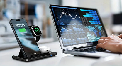 3 in 1 foldable wireless charging station charging iPhone Apple Watch and AirPods next to laptop on work desk.