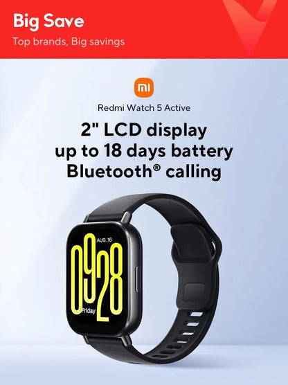 Redmi Watch 5 Active smartwatch with features highlighted on a promotional background