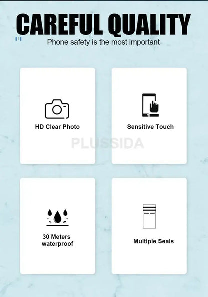 Waterproof phone case product features with icons and text on a light blue background
