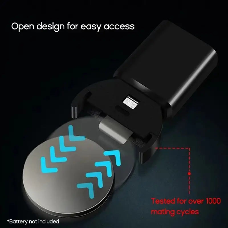 Black car seat belt clip with blue chevron design on a dark background
