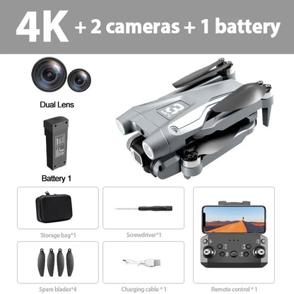 Product bundle with dual lens camera, battery, storage bag, screwdriver, and remote control on a white background.