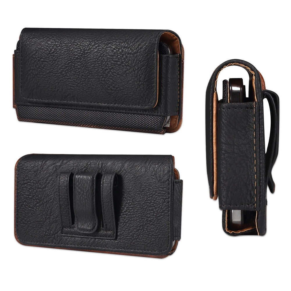 Black leather phone holster with clip on a white background