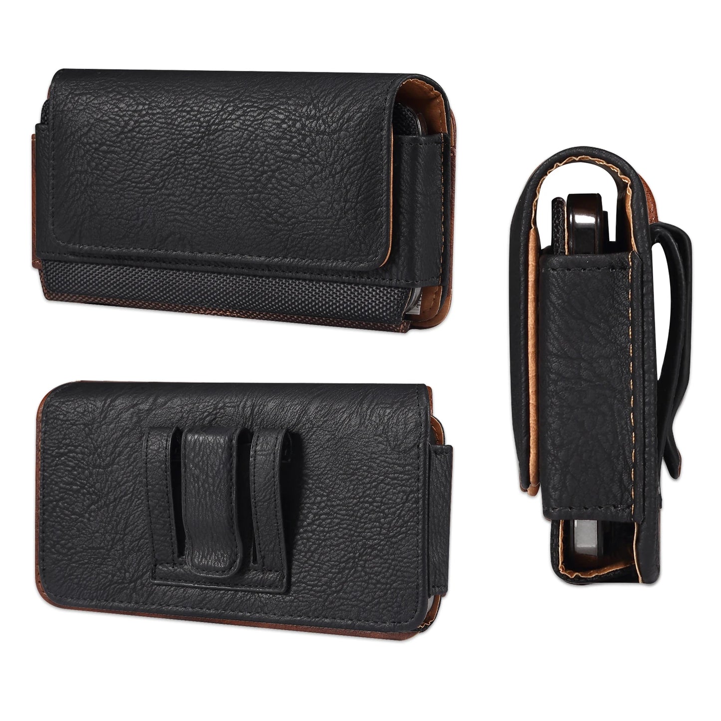 Black leather phone holster with clip on a white background
