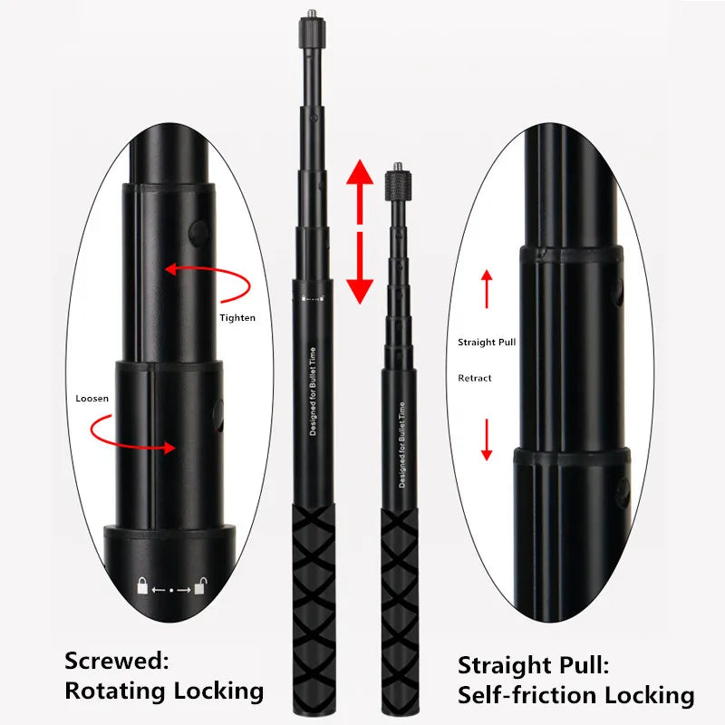 Black telescopic baton with labeled features on a white background