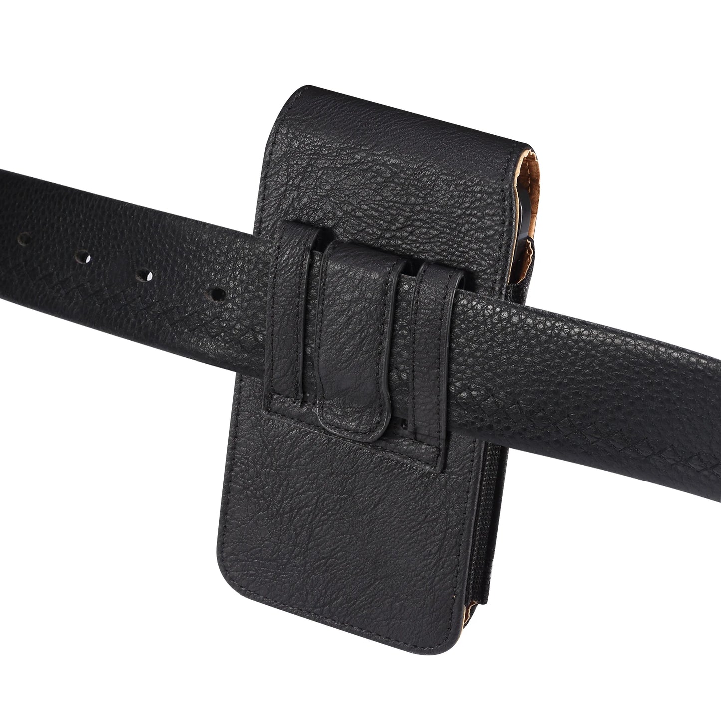 Black leather belt with a buckle on a white background