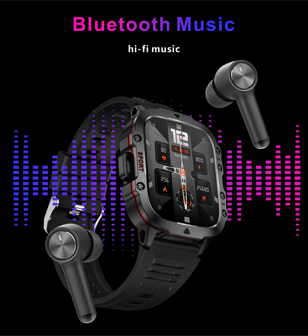 Smartwatch with wireless earbuds on a black background with music equalizer graphics.
