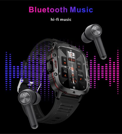 Smartwatch with wireless earbuds on a black background with music equalizer graphics.