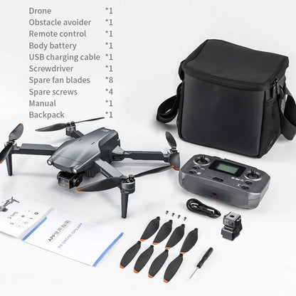Drone set with remote control, spare parts, and accessories on a white background