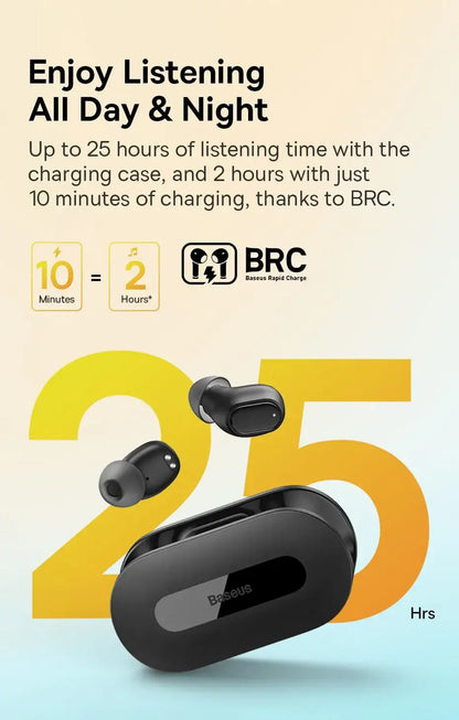 Black wireless earbuds with charging case on a light blue background, featuring text about battery life and BRC technology
