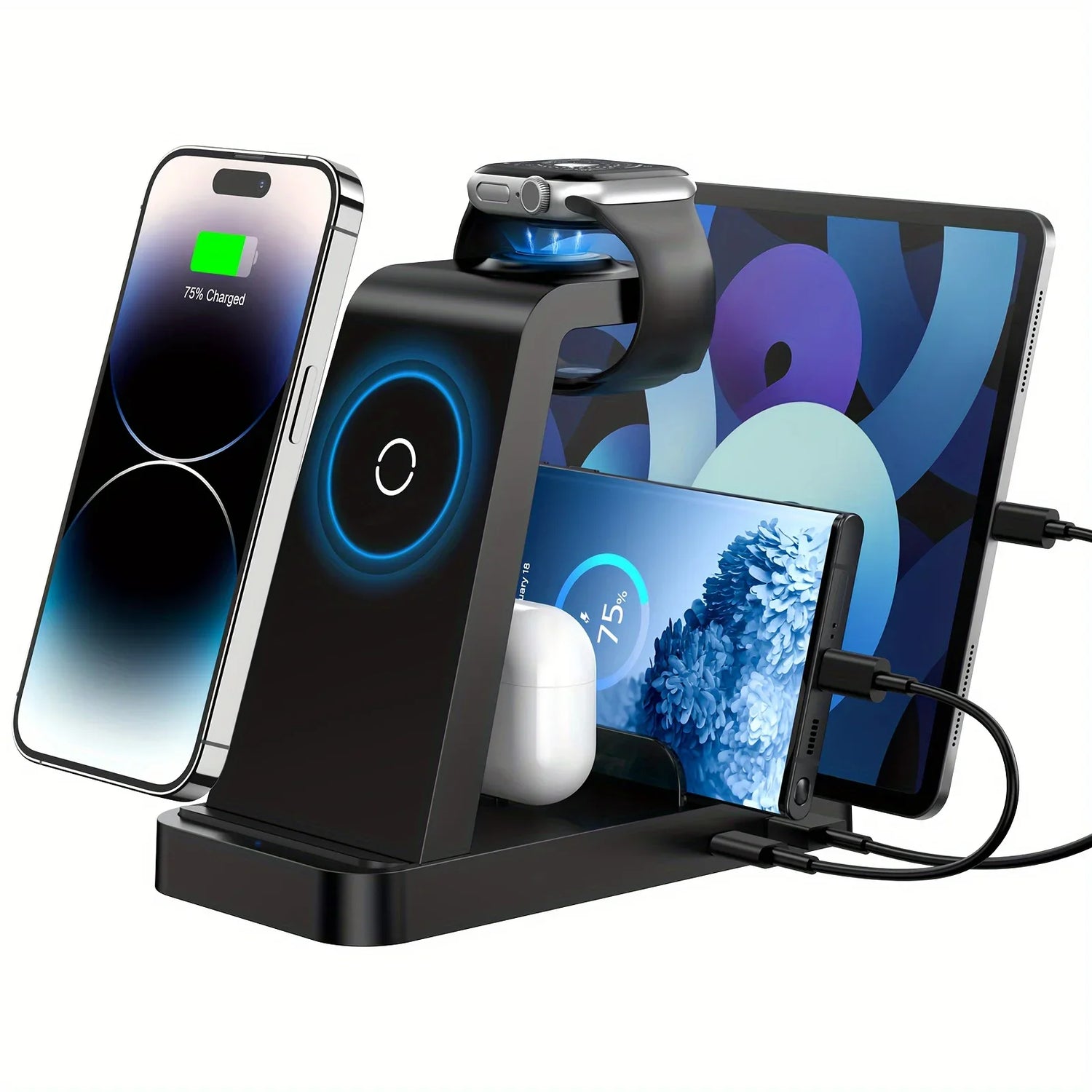 Multi-device charging station with smartphone, tablet, and smartwatch on a white background