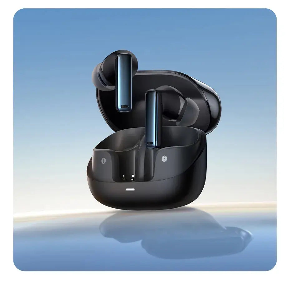 Black wireless earbuds in a charging case on a gradient blue and beige background
