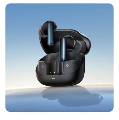Black wireless earbuds in a charging case on a gradient blue and beige background
