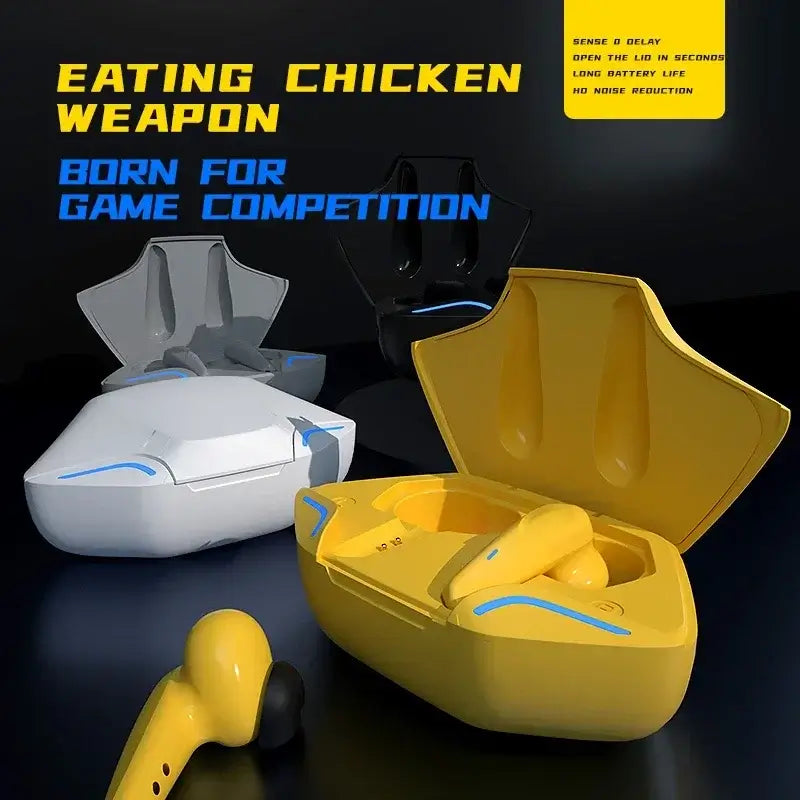 Yellow and white electronic device with an open case on a dark background, featuring the text 'Eating Chicken Weapon'
