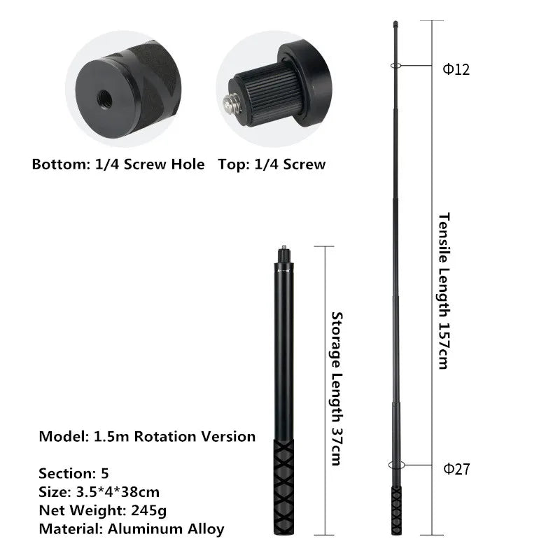 Black adjustable rod with measurements and specifications on a white background