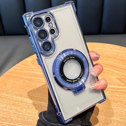 Clear phone case with blue accents held by a person on a wooden table.