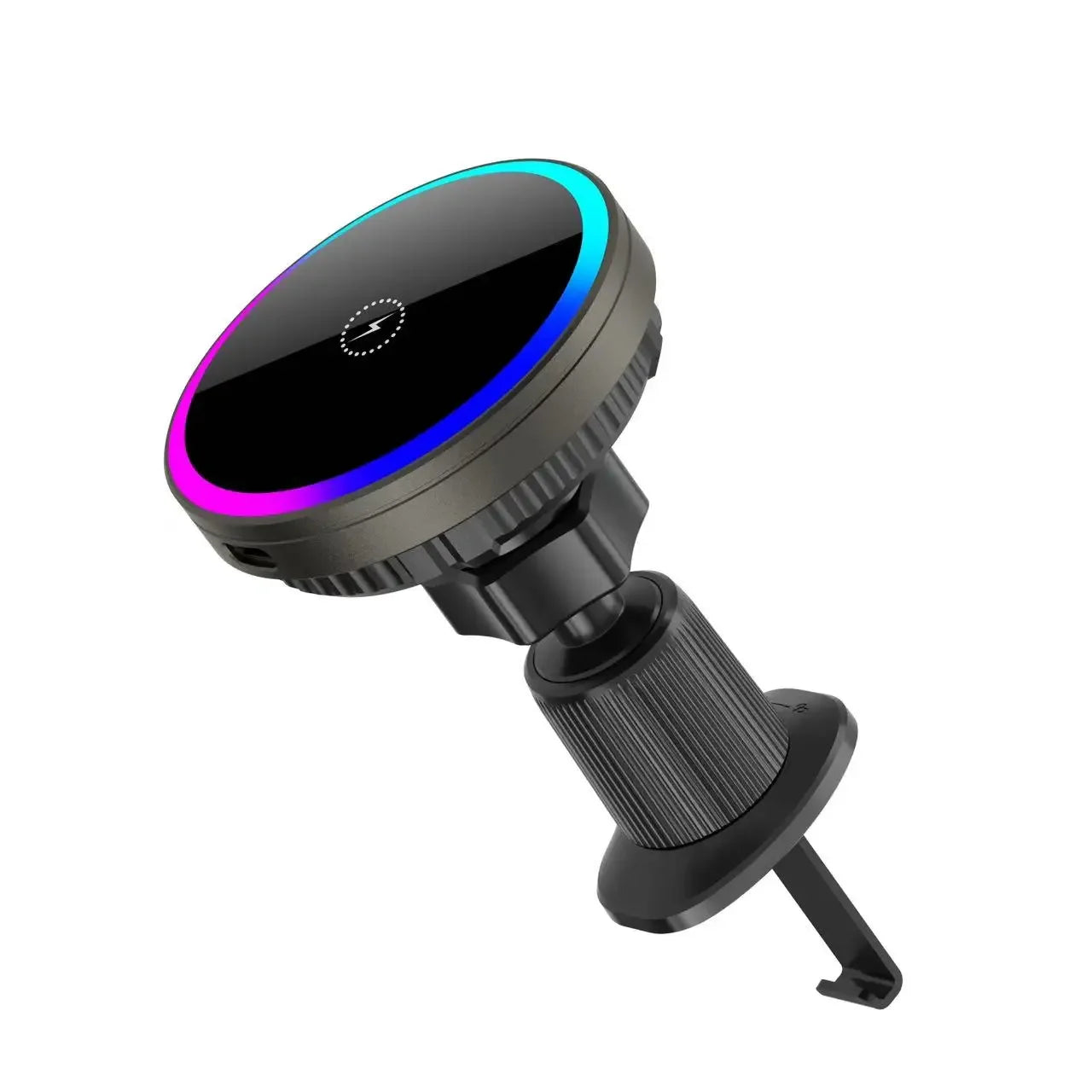 Black car phone holder with colorful LED light on a white background