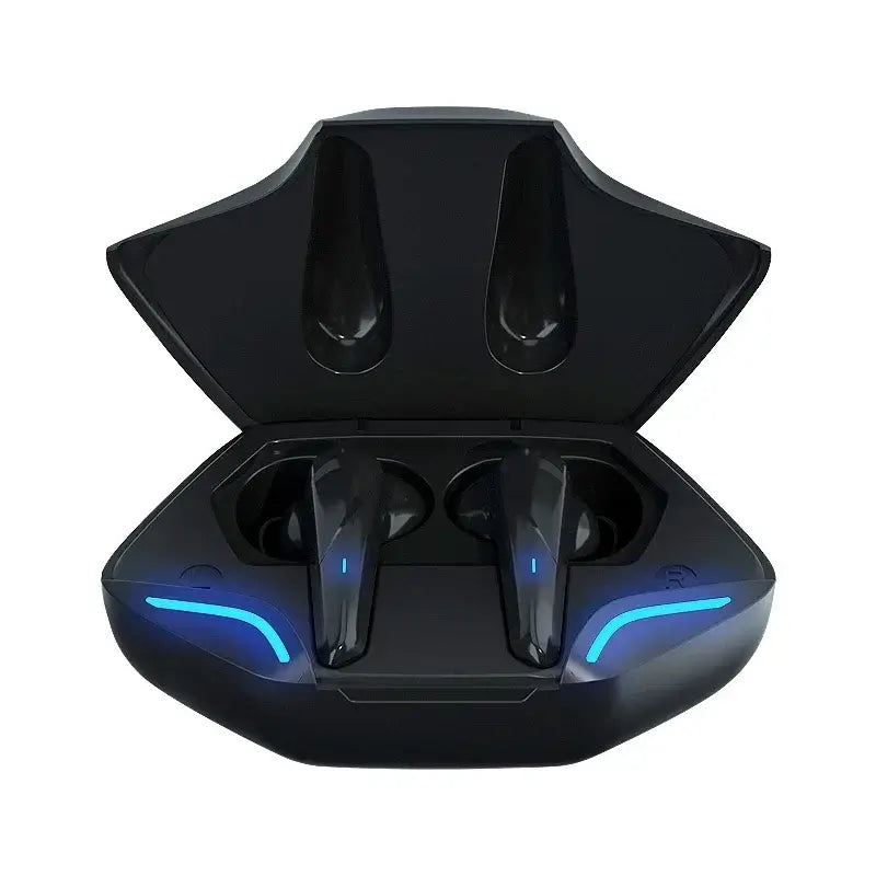 Black wireless earbuds with blue lights in a charging case displayed on a white background
