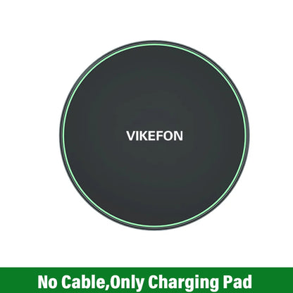 Black VIKEFON brand 30W wireless charging pad with green LED ring shown without cable included.