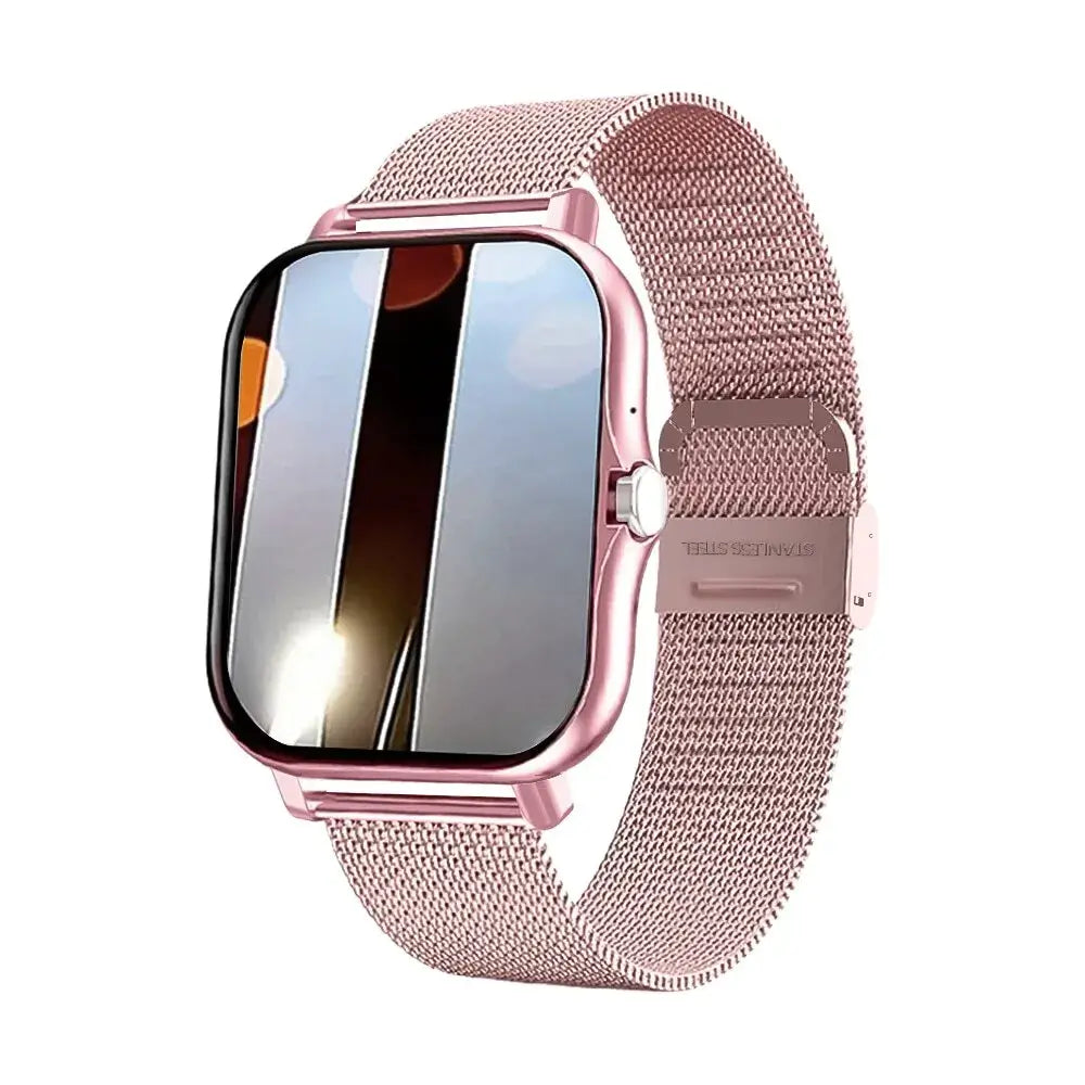 Smartwatch with a rose gold mesh band displayed on a white background
