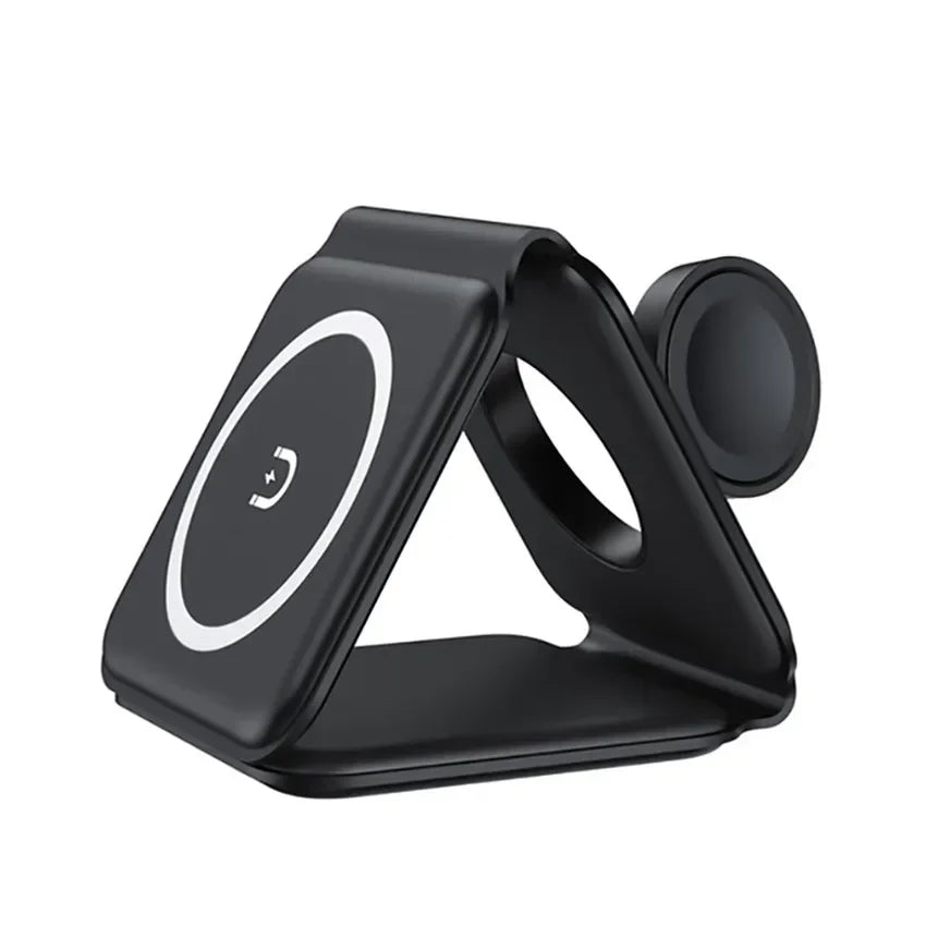 Black phone stand with wireless charging pad on a white background