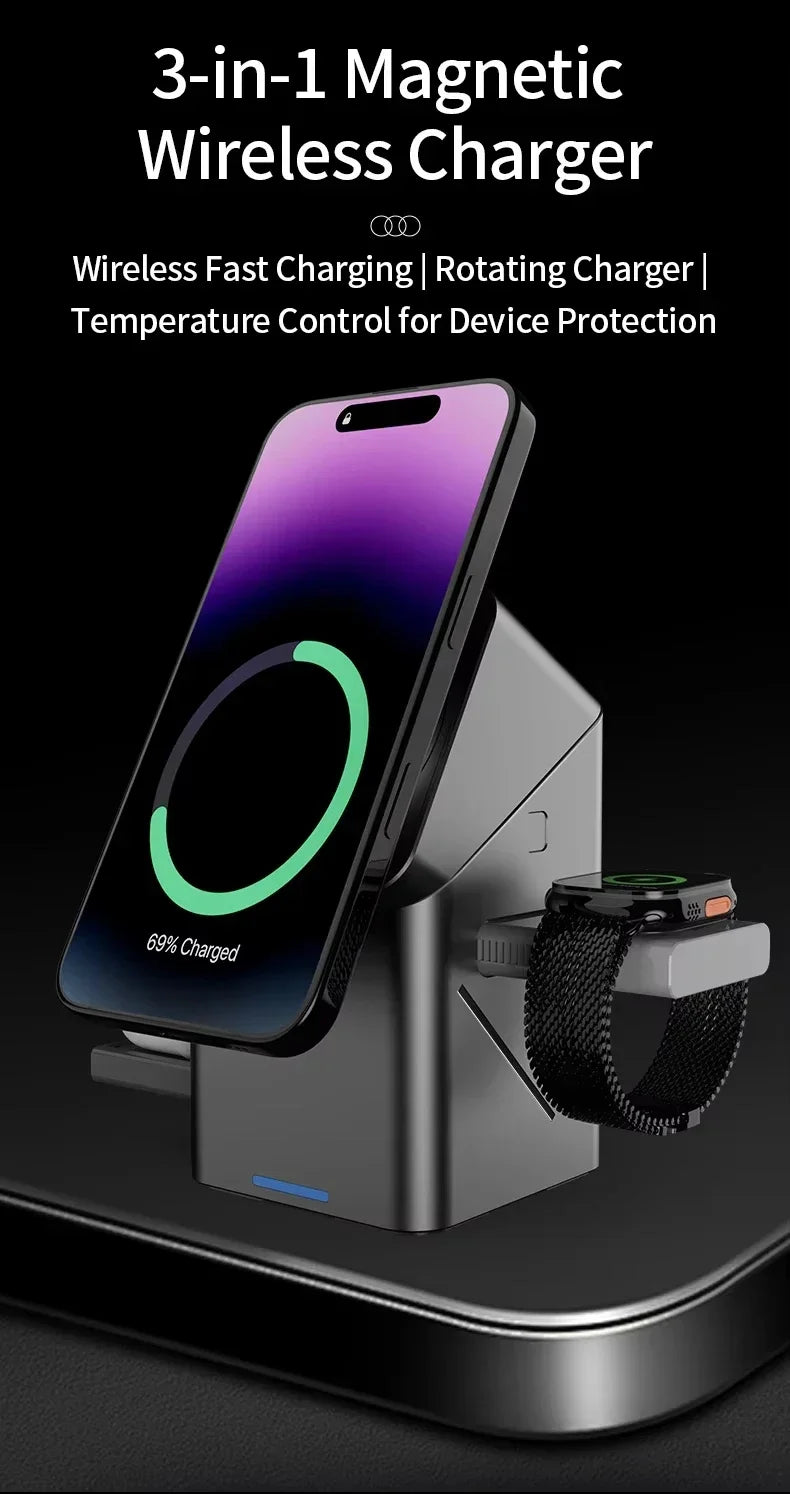 3-in-1 magnetic wireless charger with smartphone and smartwatch on a black background