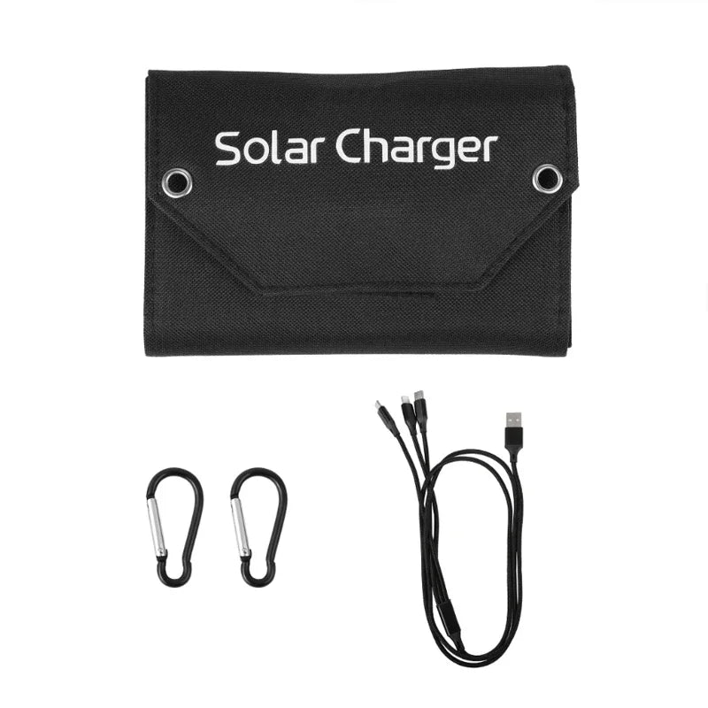 Black solar charger with USB cable and carabiners on a white background