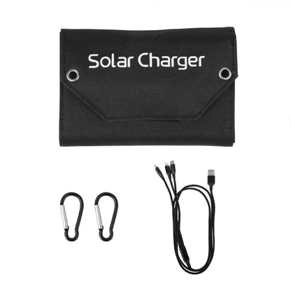 Black solar charger with USB cable and carabiners on a white background