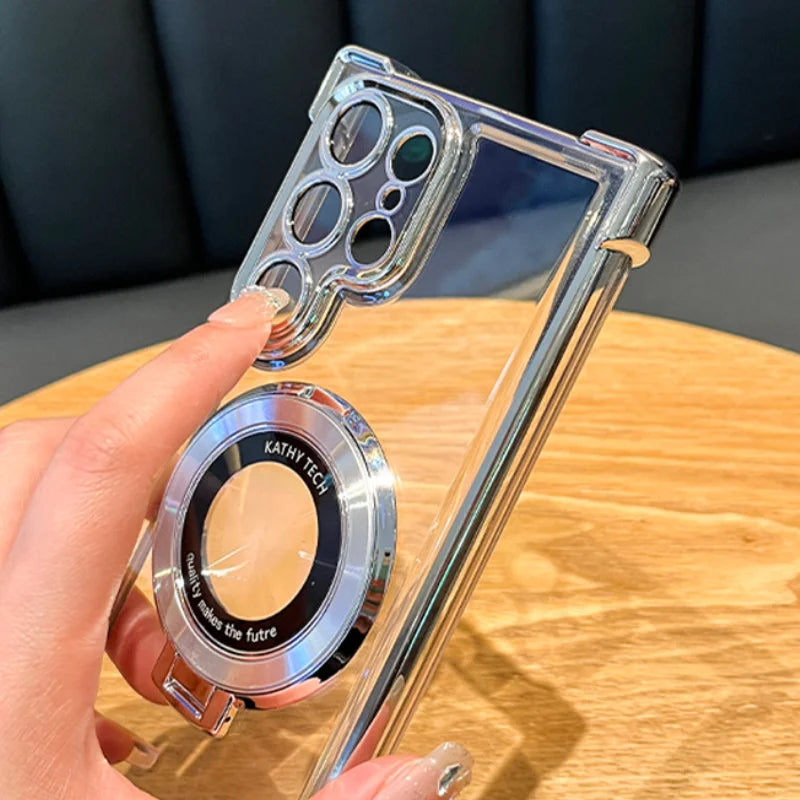 Clear phone case with camera lens protector held by a hand on a wooden surface